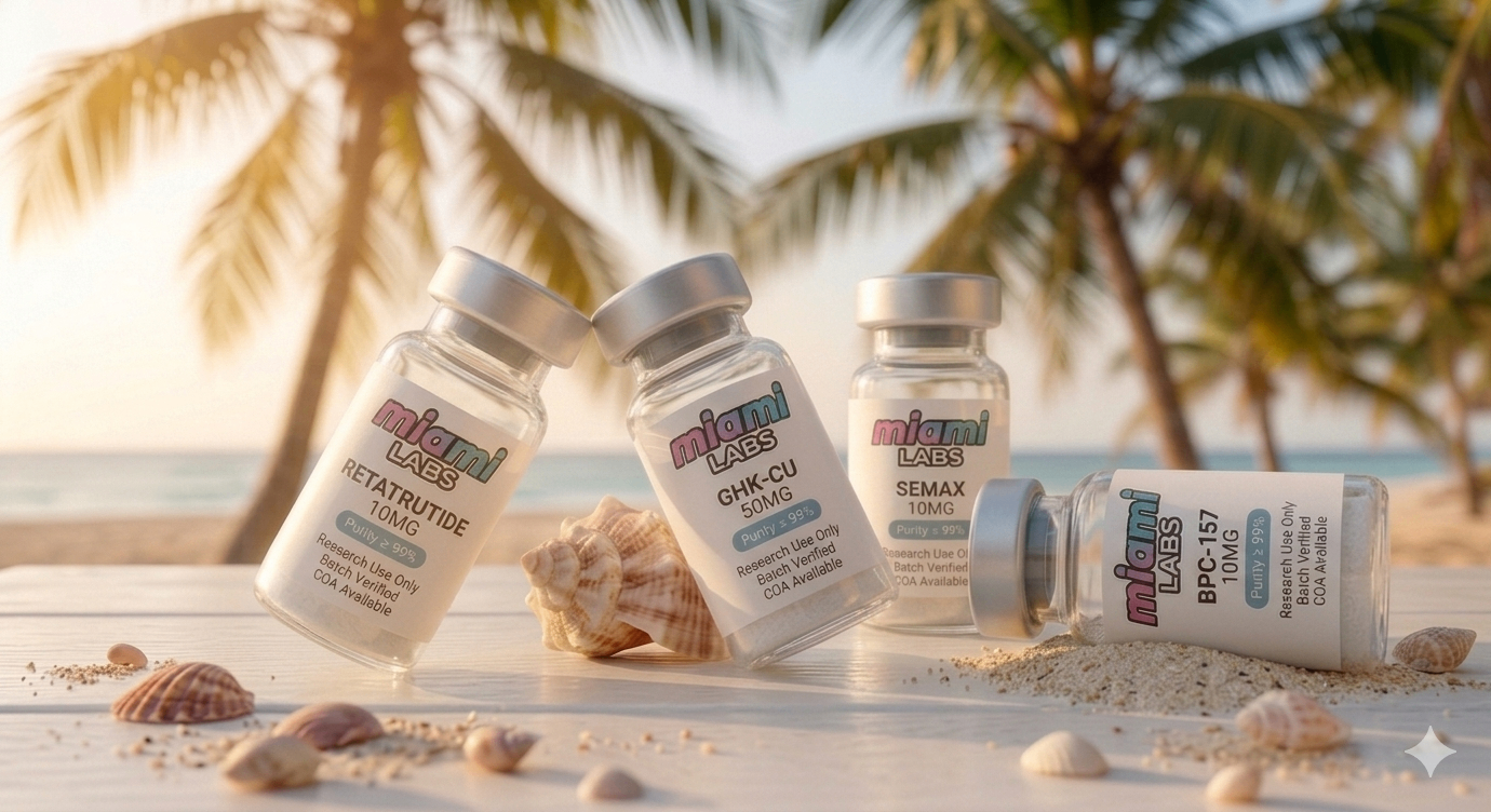 Premium peptide vials on a tropical beach